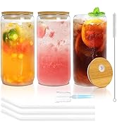 YUEYEE Drinking Glasses,3 Set 500ml Can Shaped Glass with Glass Straws Bamboo Lids,Reusable Iced ...