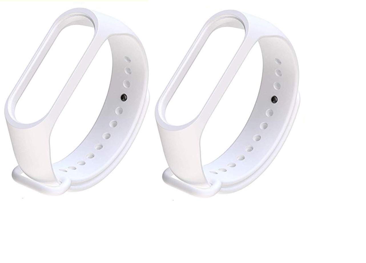 Hadwin Adjustable Silicone Strap Compatible for Mi Band 3 / Mi Band 4 (Combo Pack, Pack of 2) (White-White)