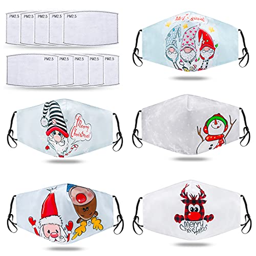 ASOONYUM 5Pcs Christmas Face Masks with 10pcs Filters Nose Wires, Anti Fog Colorful 3layer Adults Adjustable Ear Loops Reusable Washable Printed Cloth Masks, Santa Claus, Elk, Snowman Patterned White