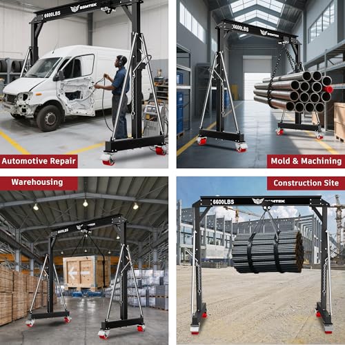 3 Ton 6600LBS Gantry Crane, 2026 Upgraded Trolley, Adjustable Height (8.53-12.47 FT), Width (9.06 FT), Steel I-Beam Construction, Portable Shop Hoist for Factories, Warehouses, Auto Repair, Black
