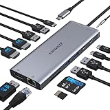 USB C Docking Station 14-in-1: Diese Laptop Docking Station enthält: 2* 4K HDMI, 4K@60Hz Dispalyport, Gigabit Ethernet, 2 USB 3.0, 2 USB C Datenübertragung (5Gbps), 2 USB 2.0, USB C Power Delivery, SD/TF Kartenleser und 3.5mm Mic/Audio Anschluss. Docking Station für Geräte mit USB-C-Schnittstelle, tragbares Design, Plug & Play. Kompatibel mit Thunderbolt 3/4 Laptops: Dell XPS 13/15/17,Dell Latitude 7280,Lenovo Thinkpad Yoga 370/T590/T580, MaBook Pro/Air 2020-2018, Surface/Lenovo/HP laptops.