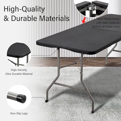 Table pliante 180 cm de camping noire rectangulaire portable pour l'extérieur