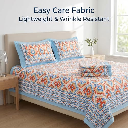 Image of Mafatlal 144 TC Heritage Queen Size Bedsheet | (90x108 inches) 100% Cotton Flatsheet Double Size with Two Pillow Covers| Super Soft Bed Sheet | Floral Design | Printed Fusion