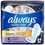 Always, Ultra Thin Pads For Women, Size 5, Extra Heavy Overnight Absorbency With Wings, 34 Count