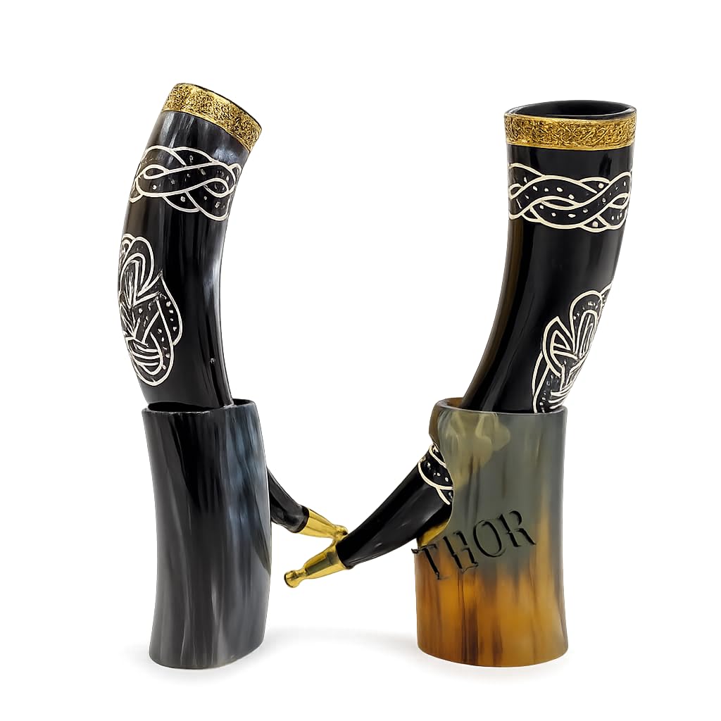 THOR INSTRUMENTS Set di 2 corno vichingo in ottone nero naturale con supporto per birra vino idromele regalo di Natale compleanno matrimonio per uomo tazza corno vichingo