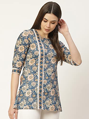 Image of FABRIC FITOOR Womens Floral Print Cotton A-Line Top (Blue)