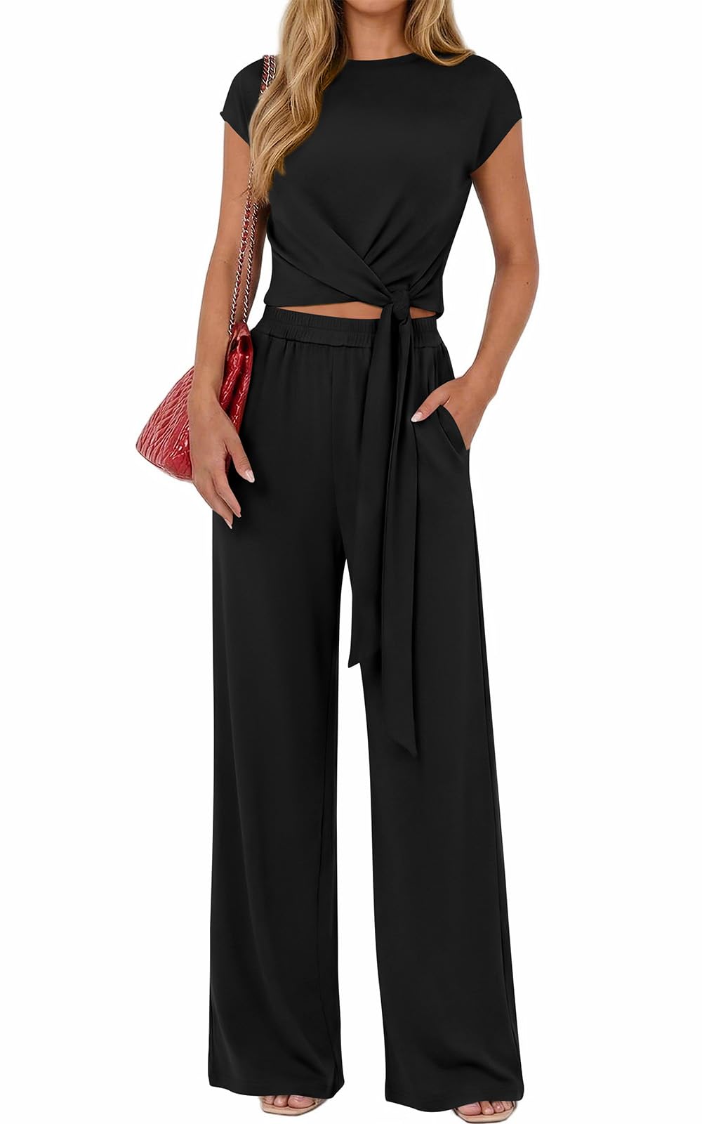 PRETTYGARDEN 2 Piece Lounge Sets For Women 2026 Summer Casual Outfits Cap Sleeve Belted Crop Tops Wide Palazzo