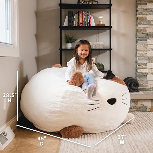 Image of Big Joe Wild Things Foam Filled Animal Bean Bag Chair with Removable Cover, Francesca Feline Snugglepuff, Soft Faux Fur, 4 feet Big