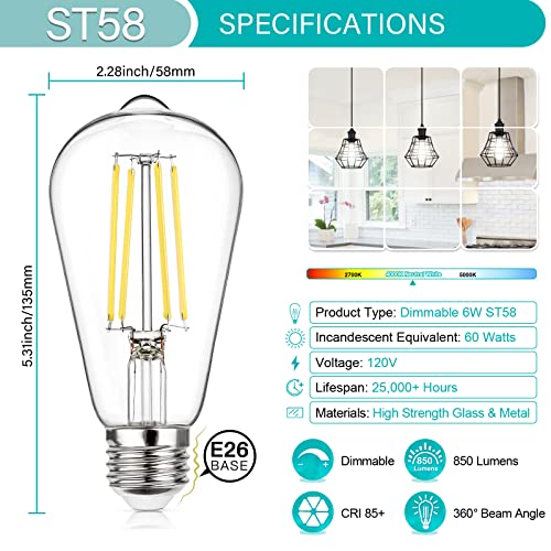 MAXvolador Vintage LED Edison Bulb Dimmable 60W Equivalent 850 Lumens, Neutral White 4000K 6W Antique ST58 Filament Light Bulbs, E26 Base, Pack of 4 by MAXvolador - Image 2