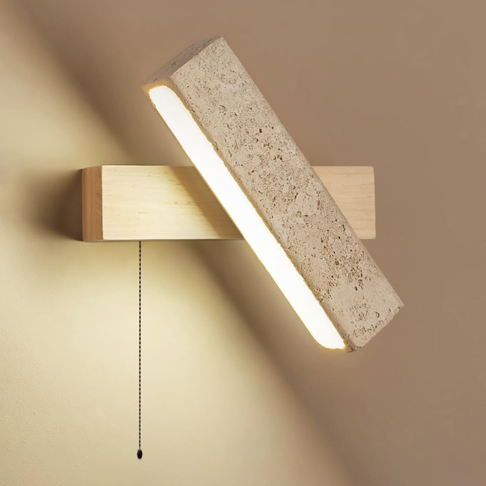 SXECAEPS Japanese Wabi-Sabi LED Wall Sconce, Rotatable Wood Lighting, 7W Travertine Light with Pull Chain Switch, Hardwired Bedroom Living Room Hallway Lamps, 3000K