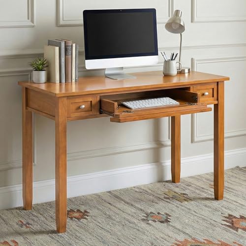 Image of SIMPLIHOME Warm Shaker Desk - 48 Inch Wide Solid Wood Writing Desk in Light Golden Brown, Transitional Home Office Computer Table for Workspace or Study with Flip-Down Keyboard Tray and 2 Drawers