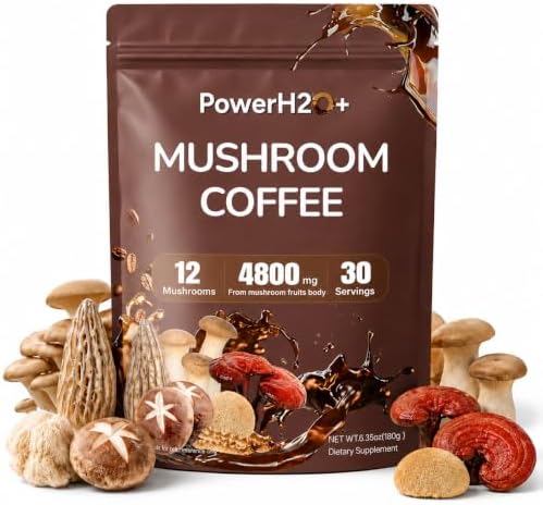 PowerH2O+ 12 In 1 Mushroom Coffee, 4800mg Mushroom Blend, Lions Mane, Focus