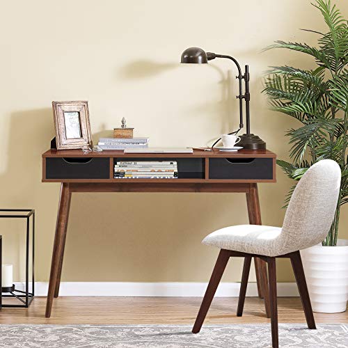 Tangkula Mid Century Desk With Drawers, Modern Writing Study Desk, Home Office Desk Computer Desk With Solid Wood Legs & Open Shelf, Study Workstation Multifunctional Vanity Table Desk For Bedroom #TOP3