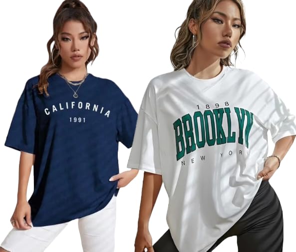 Image of DIAZ Women's Cottonblend Half Sleeve Oversized Drop Shoulder T-Shirt-Pack of 2