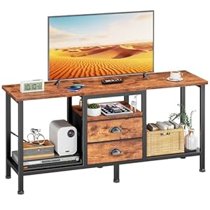 Furologee TV Stand with 2 Fabric Drawers, 42 Inch Small Entertainment Center with Open Storage Shelves, Media Console Table for Bedroom, Living Room, Rustic Brown