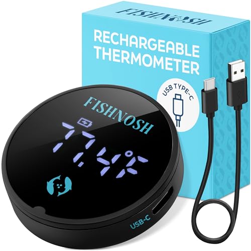 FISHNOSH Aquarium Thermometer for Fish Tank | Digital Rechargeable USB-C Temperature Gauge w/Glowing...