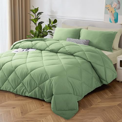 HIG Reversible 7-Piece Full Comforter Set – Sage Quilted Down Alternative Bedding Set, All-Season Super Soft Microfiber Bed in a Bag Comforter Sets with Sheets, Pillowcases & Shams