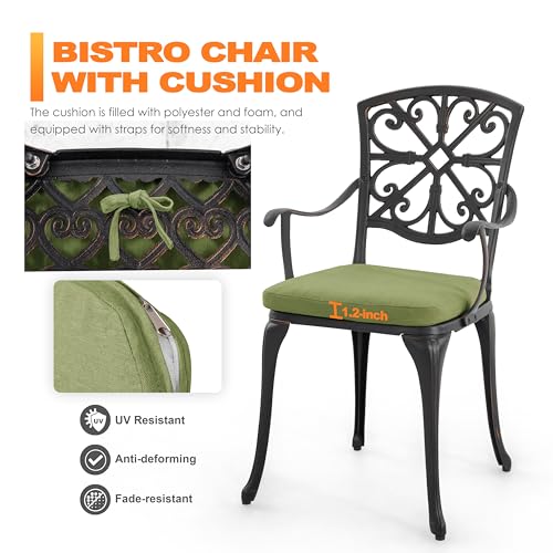 Image of NUU GARDEN 3-Piece Outdoor Bistro Set with Cushions, Round 24 Inch Cast Aluminum Round Table with 1.77 inch Umbrella Hole and 2 Cast Aluminum Armchairs with Cushions, Black with Gold-Painted Edge
