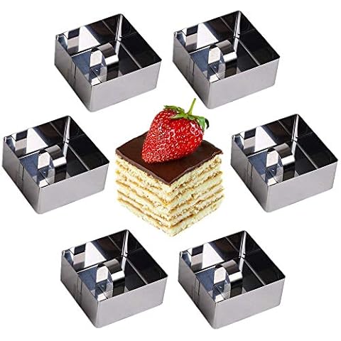 OnePine Stainless Steel Cooking Rings Dessert Rings Mini Cake and Mousse Ring Mould Set with Pusher - Square Shape, 6pcs/Set Cover