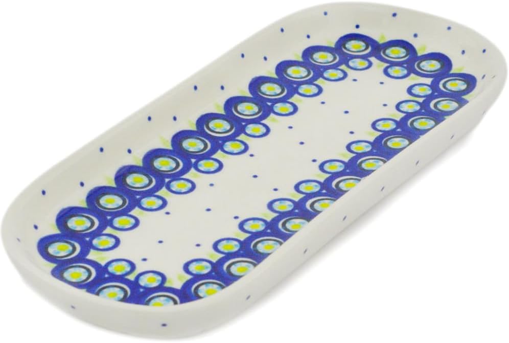 Polmedia Polish Pottery Oval Platter 10-inch - Cerulean & Teal Bubbles Pattern Handmade in Boleslawiec Poland by Ceramika Dalia + Certificate of Authenticity