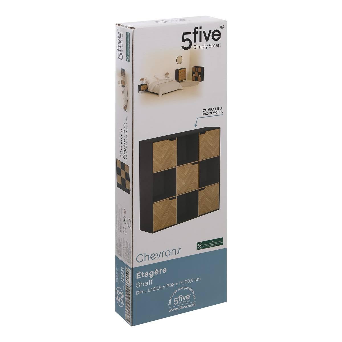 5five - Estantería Chevron de 9 compartimentos y 5 puertas - Efecto madera y negro - Forma cúbica - Almacenamiento práctico y útil - Sala de estar, oficina, dormitorio