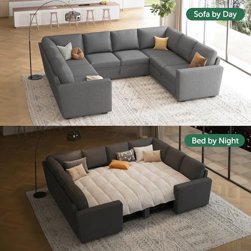 Image of HONBAY Sleeper Sectional Couch with Pull Out Bed, Modular Sleeper Sofa with Storage, U Shaped Sectional Couches for Living Room, Dark Grey