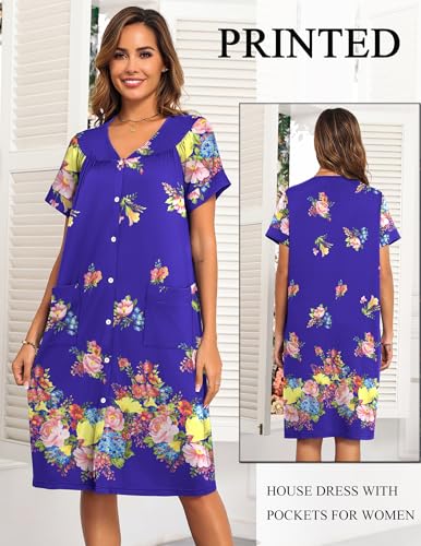 Image of Ekouaer House Dresses for Women with Pockets Button Down Nightgowns Plus Size Moo Moos Mumu Dresses Floral Print S-3XL