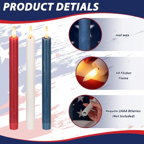 Image of Patriotic Flameless Candles with Remote and Timer, Real Wax Red White and Blue Candles for 4th of July Decorations, 250th Anniversary Battery Operated Candles for Independence Day Celebrations, 3Pack