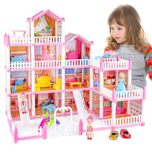 deAO 4-Story Dollhouse for Girls with 14 Rooms Kids Play Doll House Playset with 4 Dolls, Furniture & Accessories, Princess Castle Dollhouse Toy for 3 4 5 6 7 8 Kids Girls Toys
