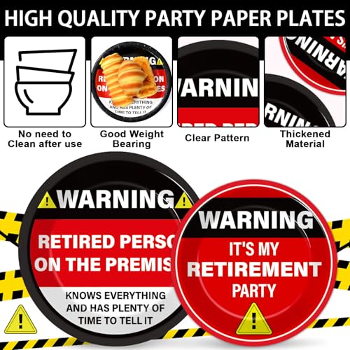 Image of Qyeahkj 100 Pcs Funny Happy Retirement Party Supplies Caution Retirement Paper Plates and Napkins Set Disposable Warning Sign Tableware Decorations for Men Women Farewell Going Away Party Serves 25