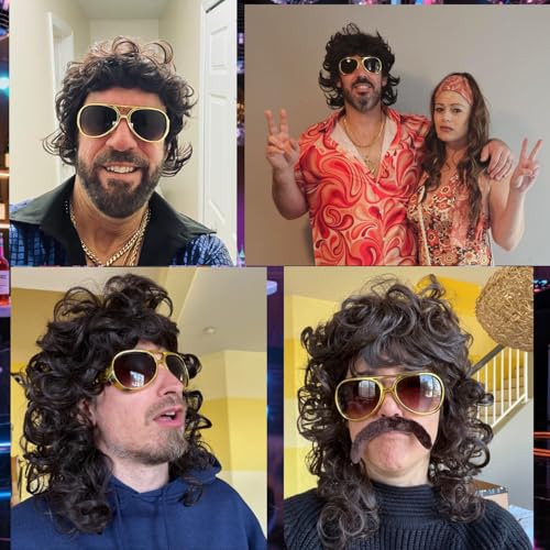 Image of Short Feather Hair Wig for Men, 70s /80s Retro Costume Wig with Glasses, Ideal for Halloween Cosplay & Themed Events(Dark Brown)