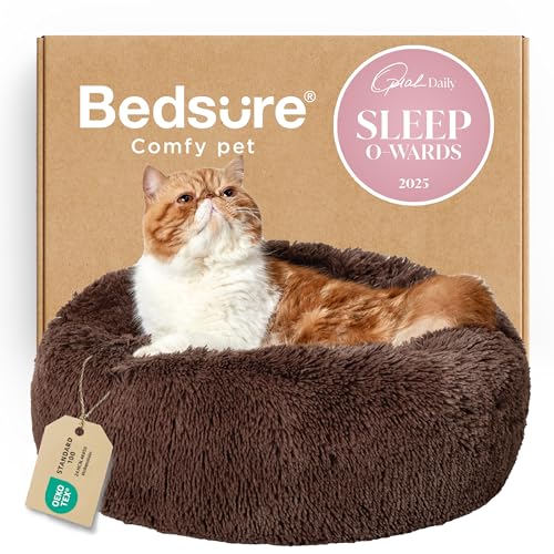 Image of Bedsure Calming Cat Beds for Indoor Cats - Small Cat Bed Washable 20 inches, Anti-Slip Round Fluffy Plush Faux Fur Pet Bed, Fits up to 15 lbs Pets, Coffee