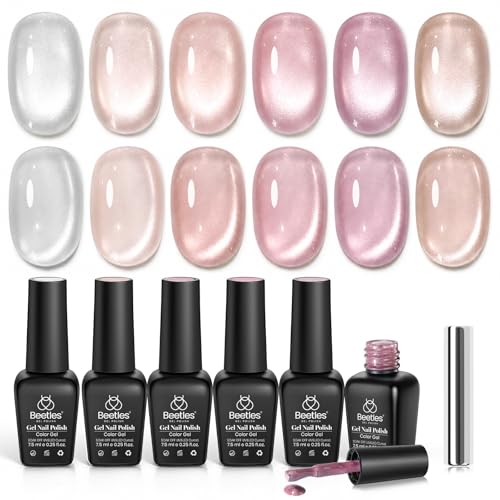 Beetles Cat Eye Gel Nail Polish Set - 6 Colors Glass Silver Nude Pink Brown Summer Neutral Sheer Gel Jelly Translucent Effect Soak Off LED UV with Magnet Manicure Gift for Women