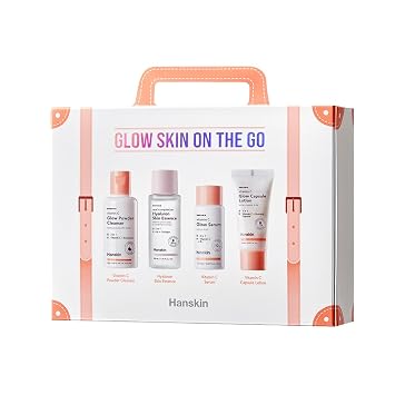 Hanskin Glow On The Go Kit, Set of 4, Essential Travel Skincare for Glowing & Nourishing Skin, Powder Cleanser Essence and Facial Serum Cleansing Balm