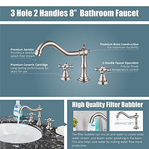 Aolemi Brushed Nickle Bathroom Sink Faucet Widespread Double Cross Handle 3 Hole Mixing Lavatory Tap Deck Mount Without Pop Up Drain #TOP2