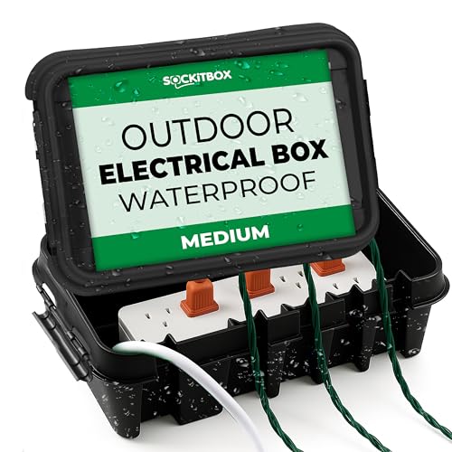 SockitBox – The Original Weatherproof Connection Box – Indoor & Outdoor Electrical Power Cord Enclosure for Timers, Extension Cables, Transformers, Power Strips, Lights, Tools & More – Medium – Black