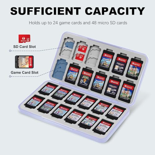 Image of FYY Nintendo Switch Game Case Holder for Switch 2 Cartridge Case with 24 Game Card Slots & 48 Micro SD Card Slots, Hard Shell, Silicone Lining Light Purple