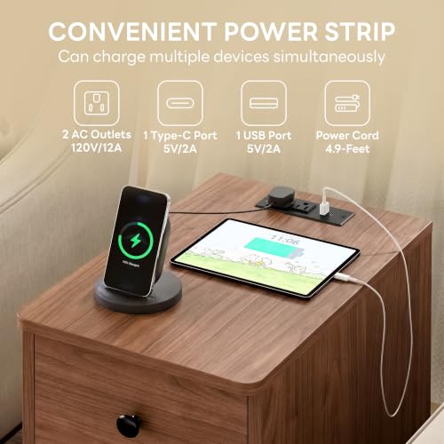 Image of LIKIMIO Nightstand with Charging Station, 3 Drawers Modern for Bedroom | Built-in 2 AC Outlets , Type-C, USB port; spacious storage; side table for living room /bedroom; easy assembly; Walnut