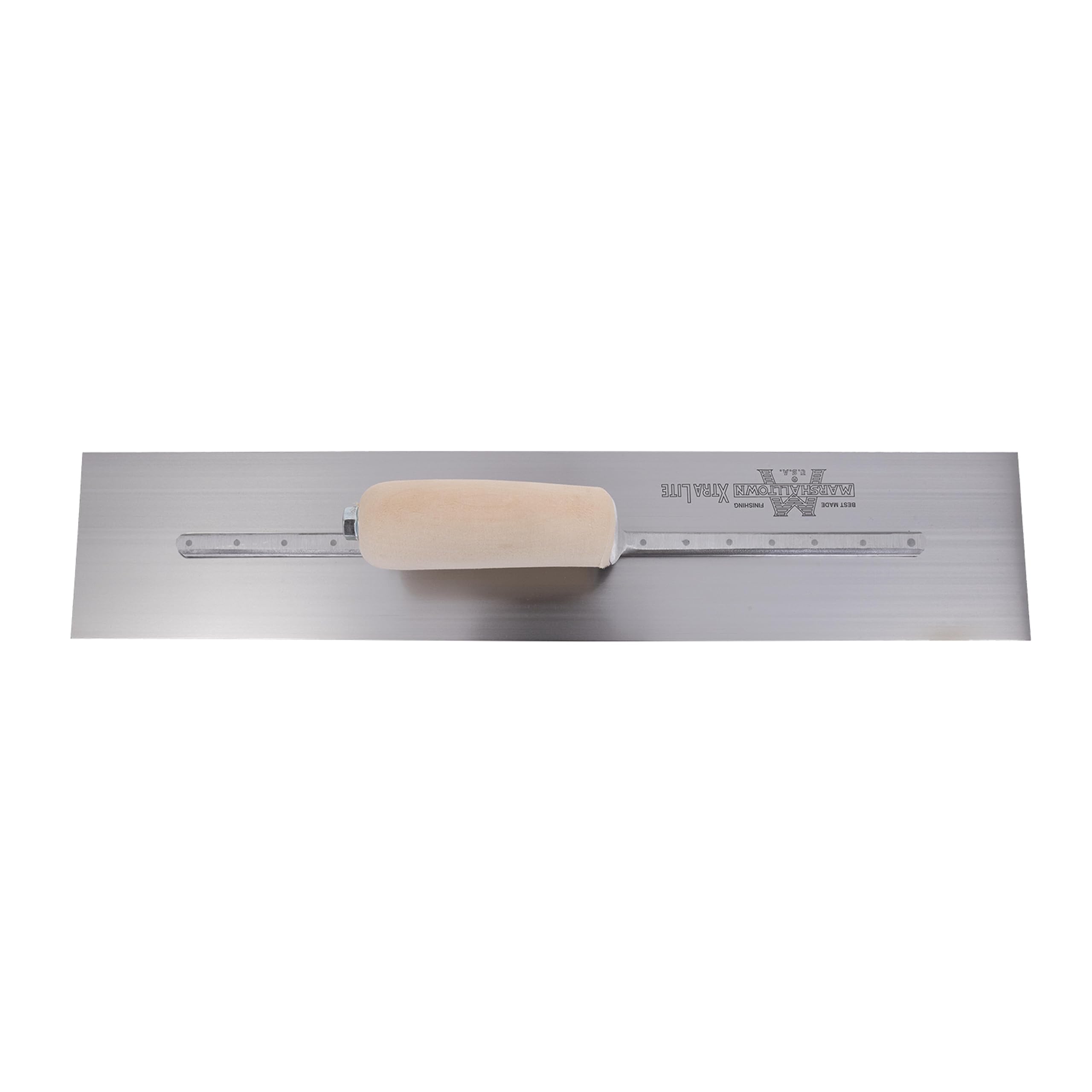 Frattazzo lisciante Marshalltown con manico curvo in legno, in acciaio al carbonio, molto adatto per pavimenti e calcestruzzo, dimensioni: 508x127 mm