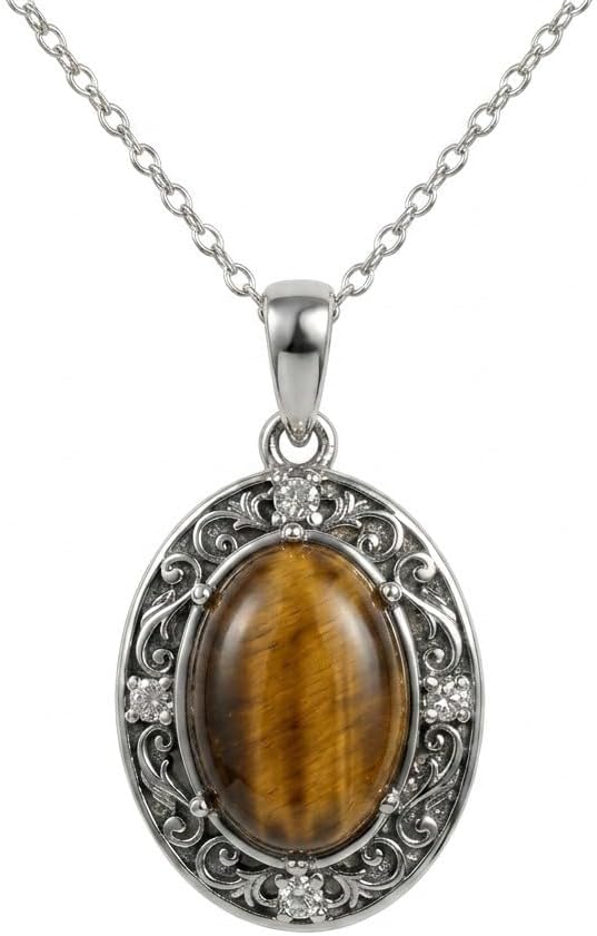 925 Sterling Silver Diamond Vintage Oval Gemstone Pendant Necklace for Women