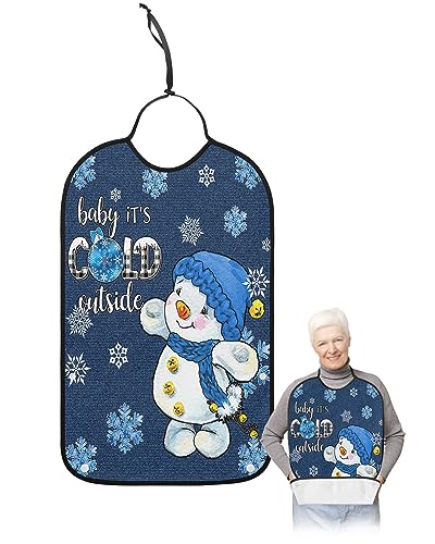 Christmas Snowman Adult Bibs for Eating, Waterproof Bibs with Food Catcher & Adjustable Snap Closure, Blue Xmas Winter Snowflake Rustic Washable Clothing Protectors Adult Bibs for Elderly Women/Men