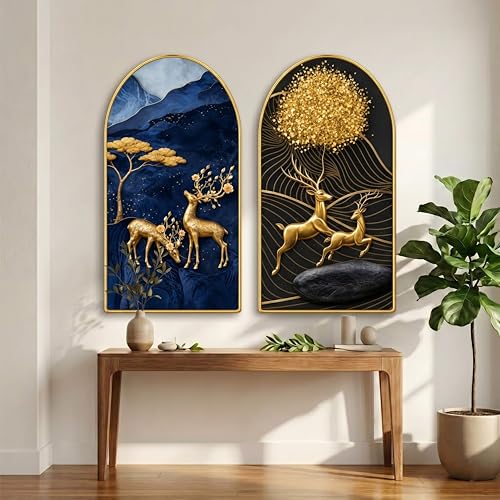 Image of Livin'luxe Set of 2 Abstract Deer Wall Painting for Living Room, Blue Gold Modern Artwork, PVC Golden Frame, Arch Shape Wall Decor for Bedroom, Hall, Office & Gift (30 x 32 Inch) RPNL-02-112