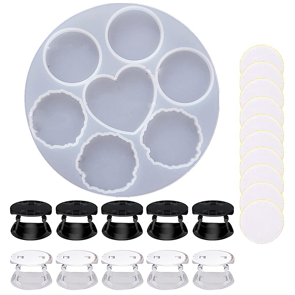 Dstertech1Pcs 7 Cavity Epoxy Resin Molds for Phone Holder Making, with 10Pcs 360 Degrees Rotating Fold-able Cellphone Stand Holders and 10pcs Matched Double-Sided Adhesive Tape, DIY Resin Art Crafts