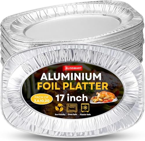 BLISSMART Foil Platters 10pk Large Aluminium Foil Platter Serving Party Trays Oven and Freezer Safe Reusable Serving Platter Set Recyclable Trays Multipack