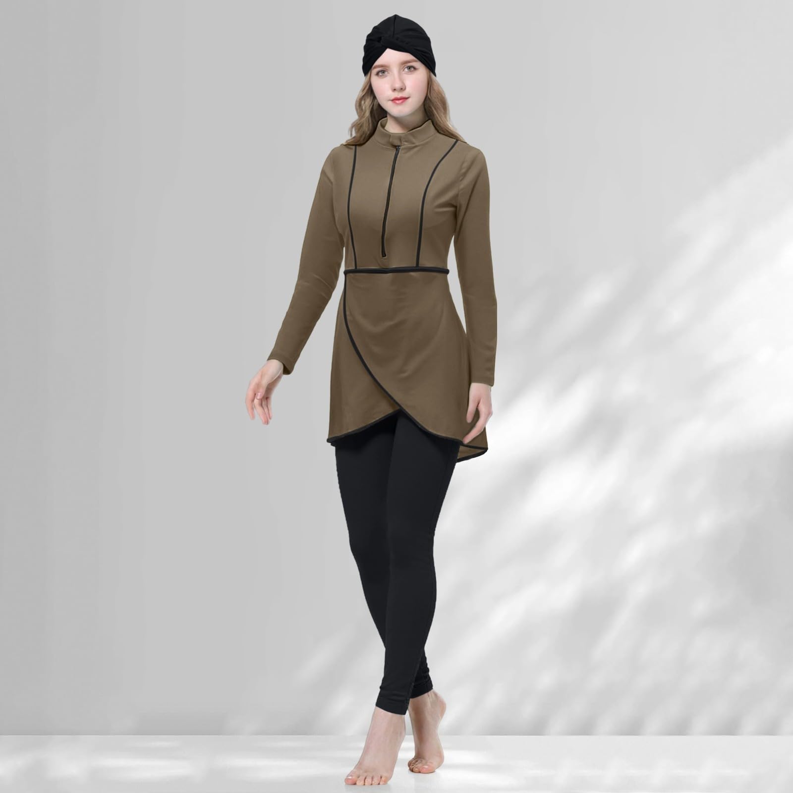 Burkini, costume da bagno musulmano da donna, 3 pezzi, con copertura modesta e completa sul davanti, sportivo, costume da bagno intero opaco, costume da bagno