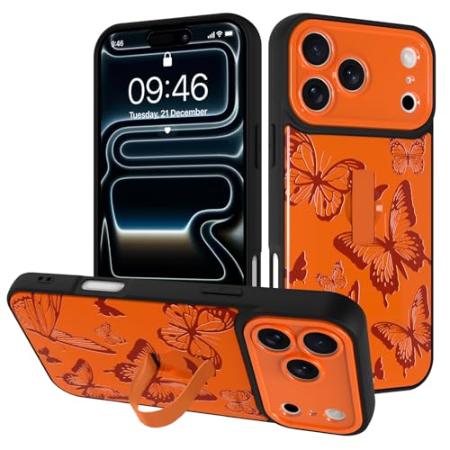 Image of for iPhone 17 Pro Case with Finger Strap Holder, Cute Cool Butterfly Print Pattern Design for Women Men, Shockproof Anti Scratch Hand Kickstand Protective Cover, Orange
