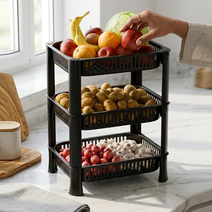 LUXART 3-Layer Kitchen Storage Rack | Multipurpose Vegetable Stand and Fruit Basket Trolley | Space-Saving Plastic Storage Basket Tower | Durable Corner Shelf Organizer | Black (50 x 36 x 26 CM)-image-14