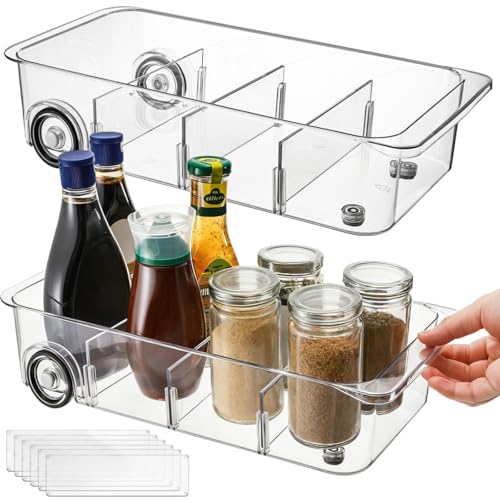 Image of YIMITEE 2 Pack Refrigerator Organizer Bin with Wheels, Roll Out Pantry Storage with Dividers, Clear Plastic Refrigerator Drawer, Upgrade Thick Fridge Caddy for Under Sink, Kitchen Organization