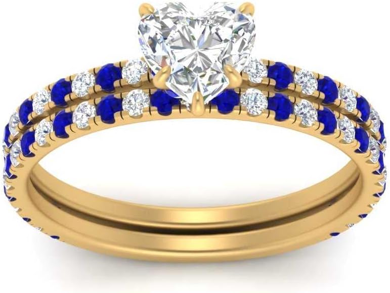 Choose Your Gemstone Three Quarter Diamond CZ Gallery Bridal Ring Yellow Gold Plated Heart Shape Wedding Ring Minimal Modern Design Birthday Wedding Gift US Size 4 to 12