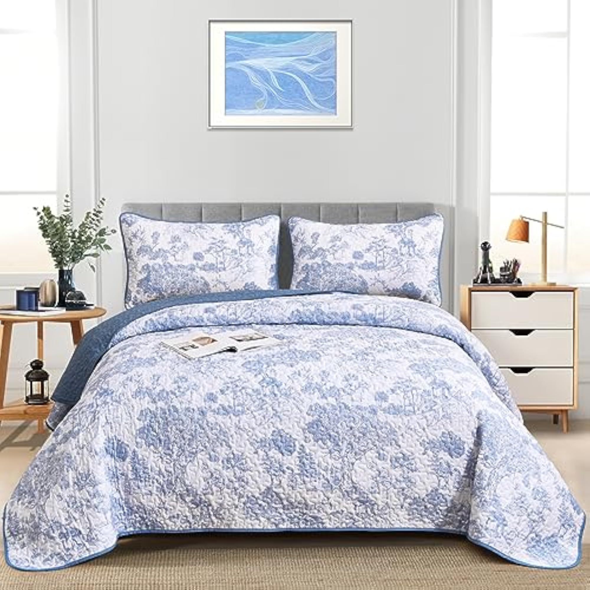 3 Pieces Blue Botanical Quilt Set, Queen Size